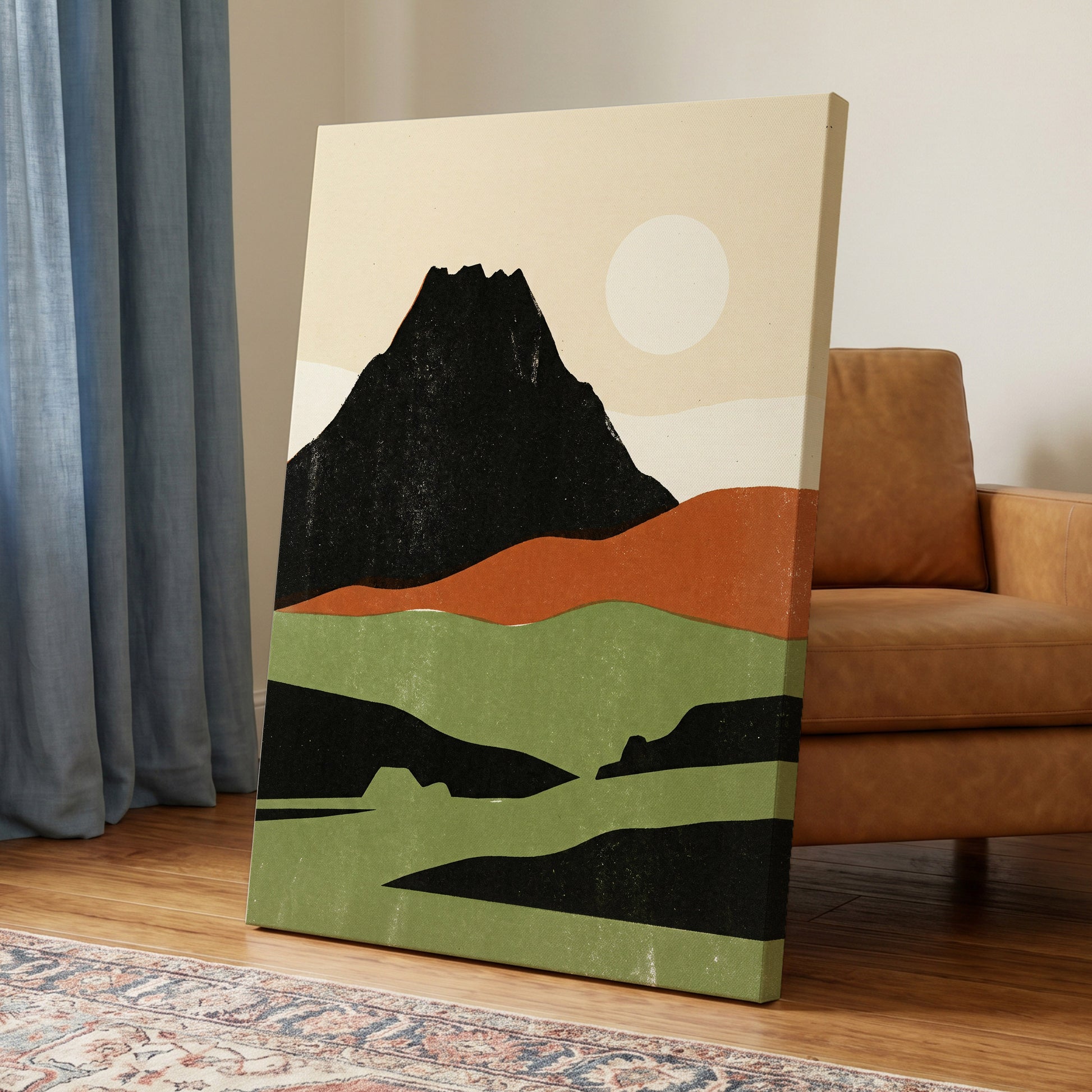 Still Mountain Sun, black, green, beige nature wall art on canvas displayed in a styled interior, gallery view 2