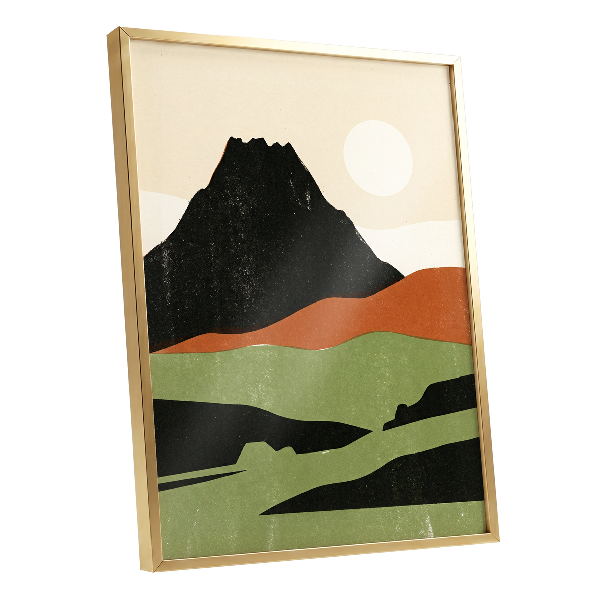 Still Mountain Sun, black, green, beige nature wall art shown as a gold framed poster wall art print