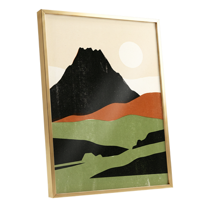 Still Mountain Sun, black, green, beige nature wall art shown as a gold framed poster wall art print