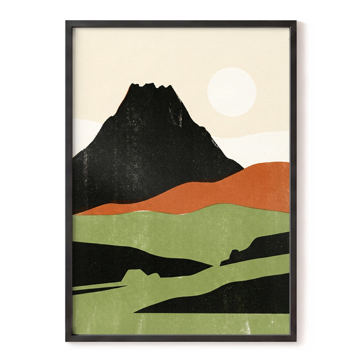 Still Mountain Sun, black, green, beige nature wall art, front artwork view