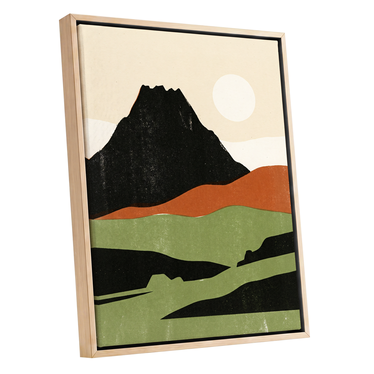 Still Mountain Sun, black, green, beige nature wall art shown as a oak framed canvas wall art