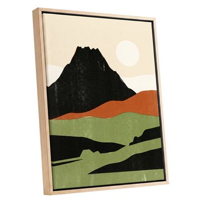 Still Mountain Sun, black, green, beige nature wall art shown as a oak framed canvas wall art