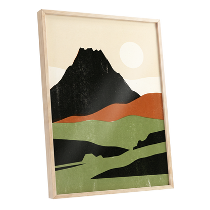 Still Mountain Sun, black, green, beige nature wall art shown as a oak framed poster wall art print