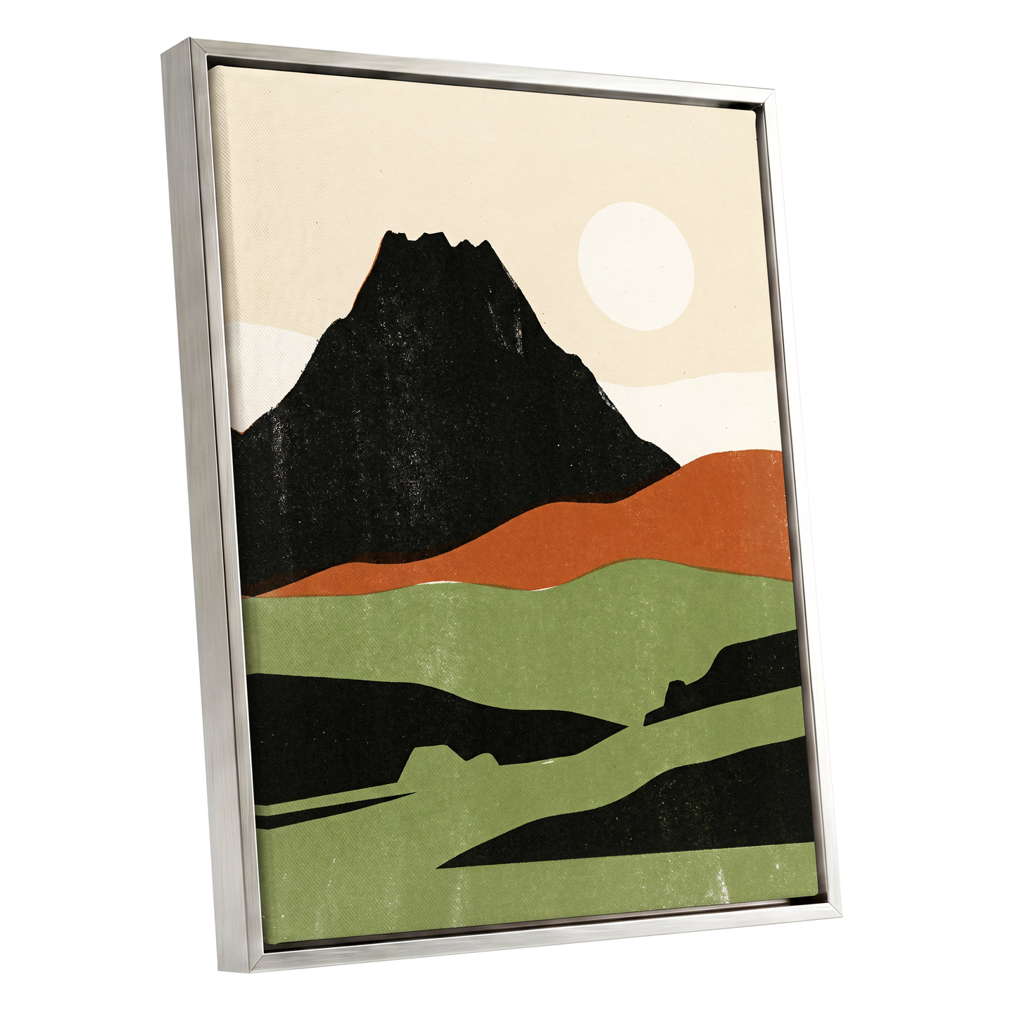Still Mountain Sun, black, green, beige nature wall art shown as a silver framed canvas wall art