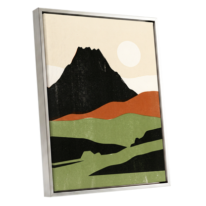 Still Mountain Sun, black, green, beige nature wall art shown as a silver framed canvas wall art
