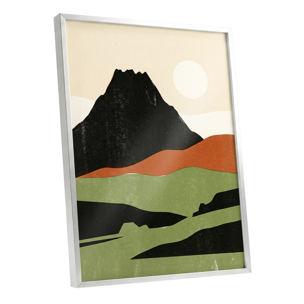 Still Mountain Sun, black, green, beige nature wall art shown as a silver framed poster wall art print