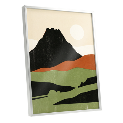 Still Mountain Sun, black, green, beige nature wall art shown as a silver framed poster wall art print