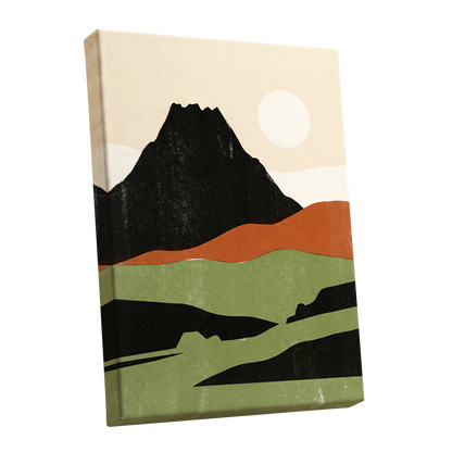 Still Mountain Sun, black, green, beige nature wall art shown as a stretched canvas wall art