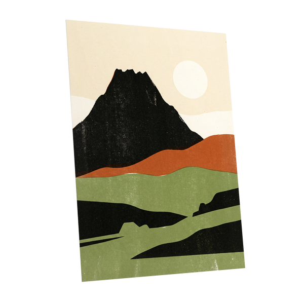 Still Mountain Sun, black, green, beige nature wall art shown as a unframed poster wall art print