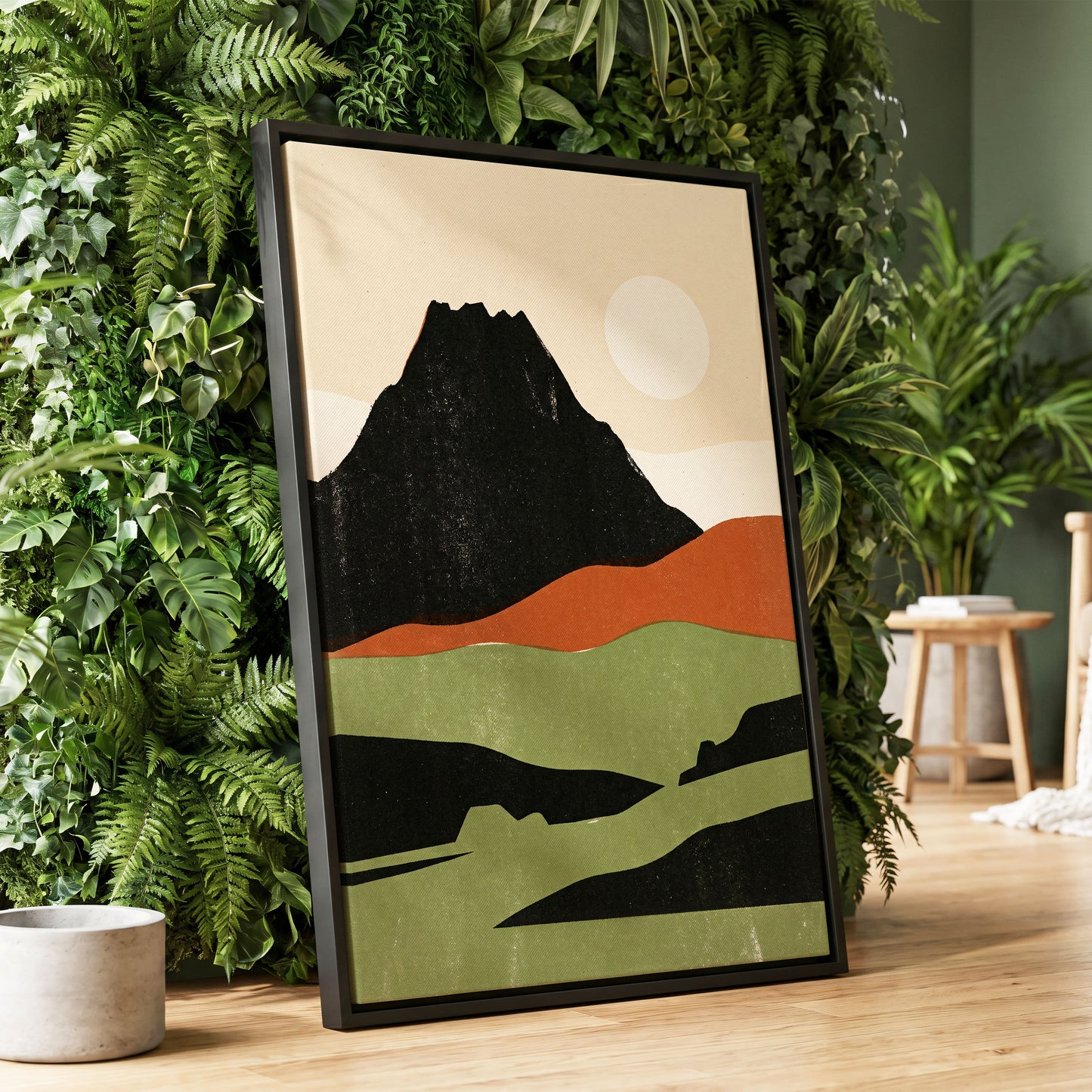 Still Mountain Sun, black, green, beige nature wall art displayed in a styled interior, gallery view 1