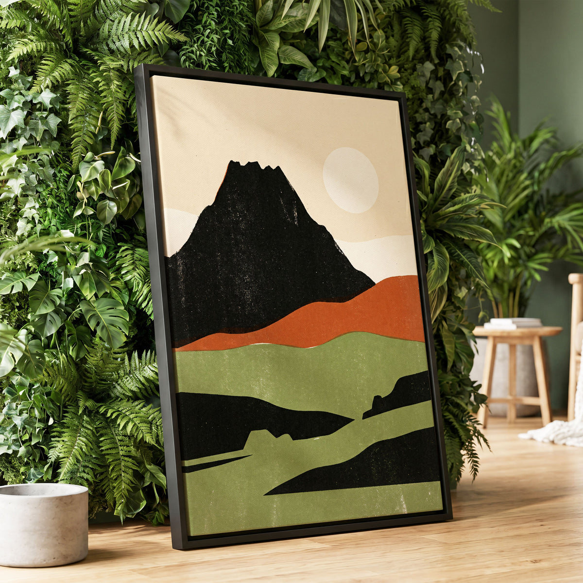 Still Mountain Sun, black, green, beige nature wall art displayed in a styled interior, gallery view 1