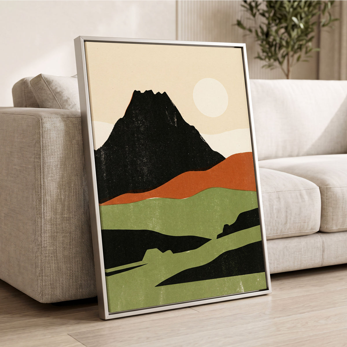 Still Mountain Sun, black, green, beige nature wall art displayed in a styled interior, gallery view 2