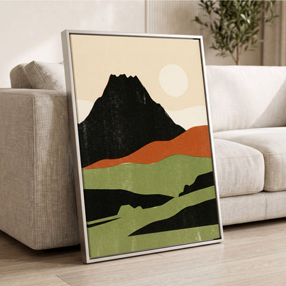 Still Mountain Sun, black, green, beige nature wall art displayed in a styled interior, gallery view 2