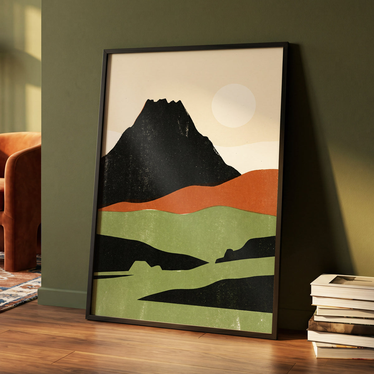 Still Mountain Sun, black, green, beige nature wall art displayed in a styled interior, gallery view 4