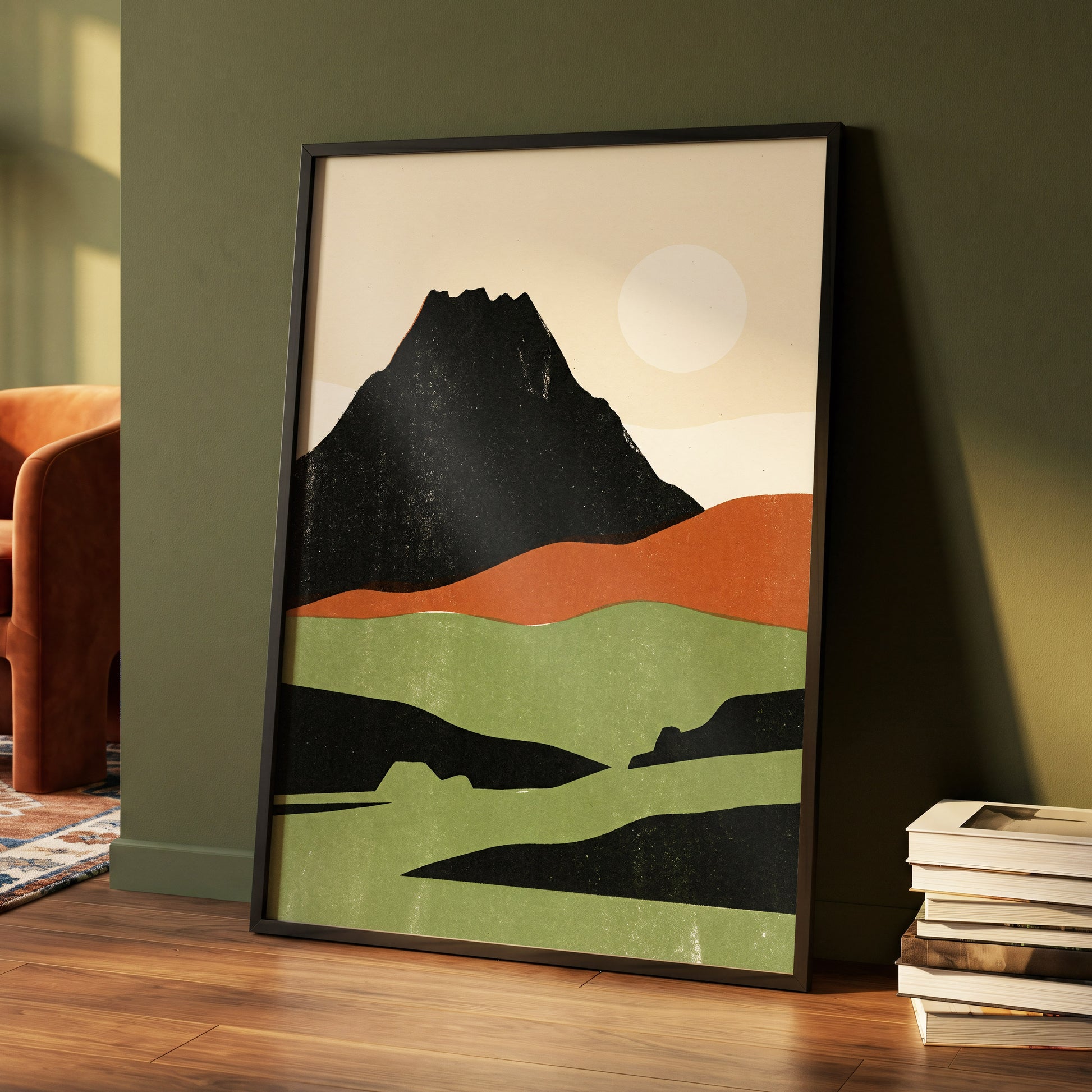 Still Mountain Sun, black, green, beige nature wall art displayed in a styled interior, gallery view 4