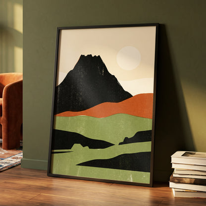 Still Mountain Sun, black, green, beige nature wall art displayed in a styled interior, gallery view 4