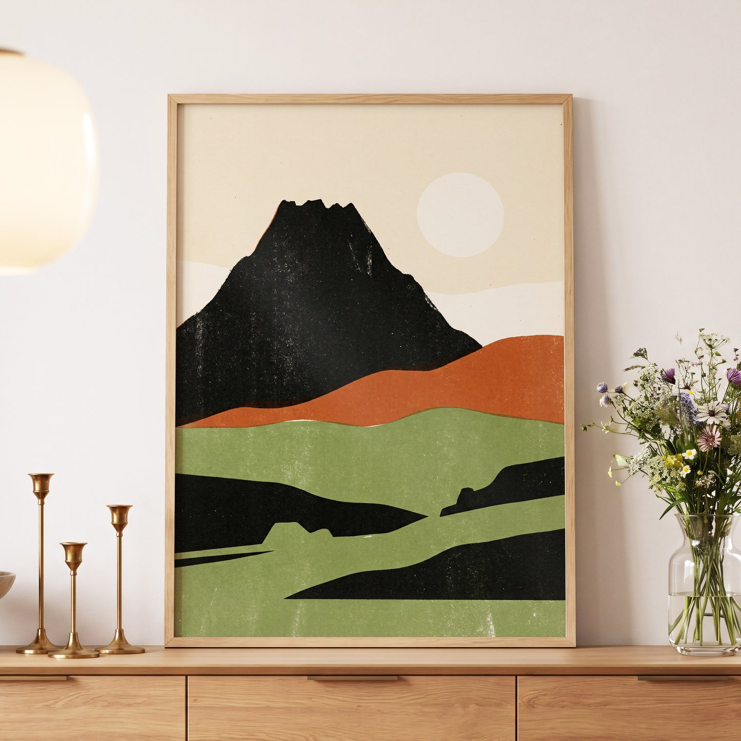 Still Mountain Sun, black, green, beige nature wall art displayed in a styled interior, gallery view 5