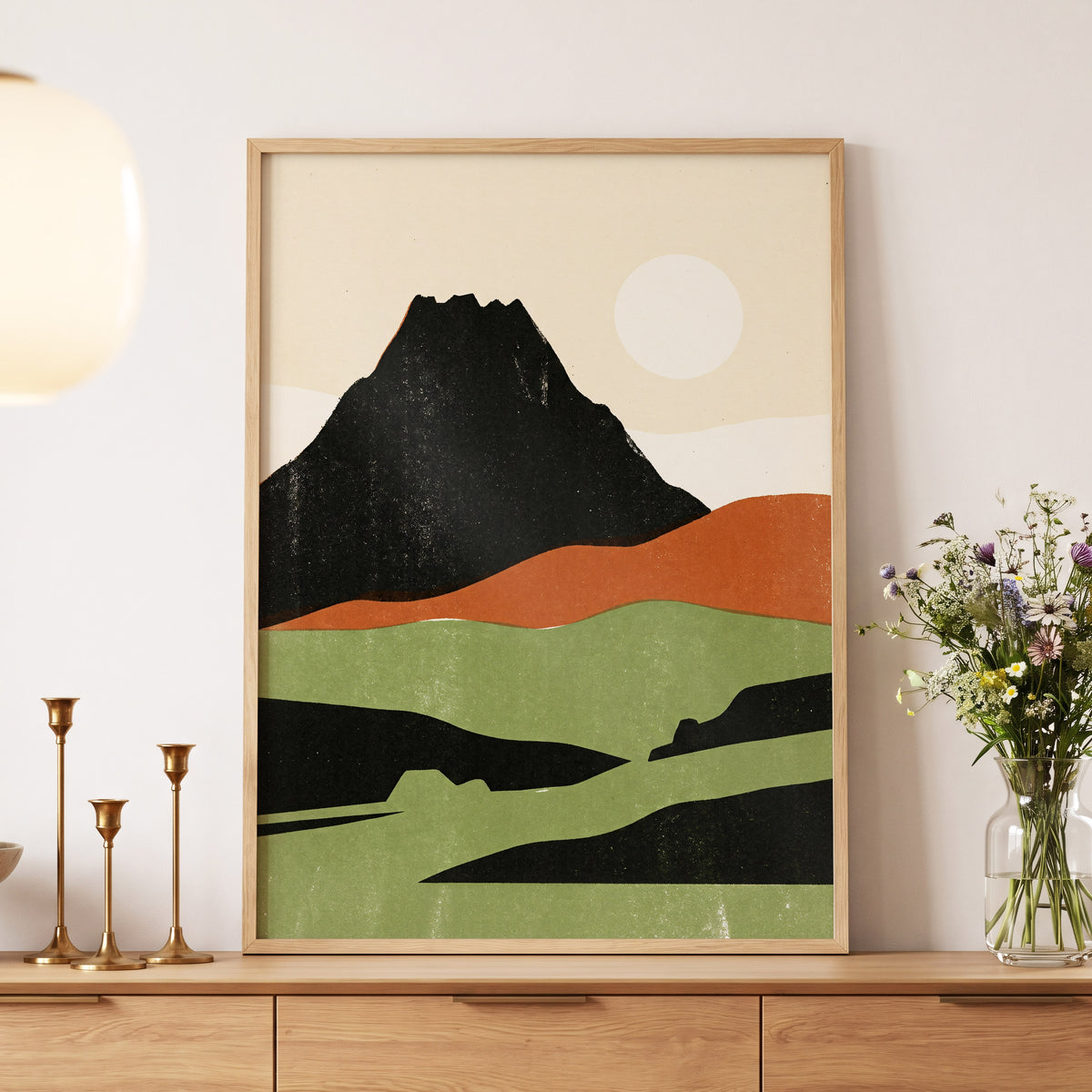 Still Mountain Sun, black, green, beige nature wall art displayed in a styled interior, gallery view 5