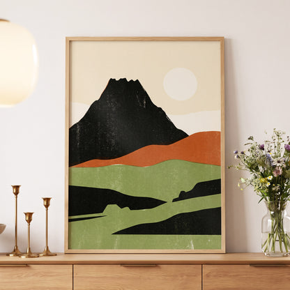 Still Mountain Sun, black, green, beige nature wall art displayed in a styled interior, gallery view 5