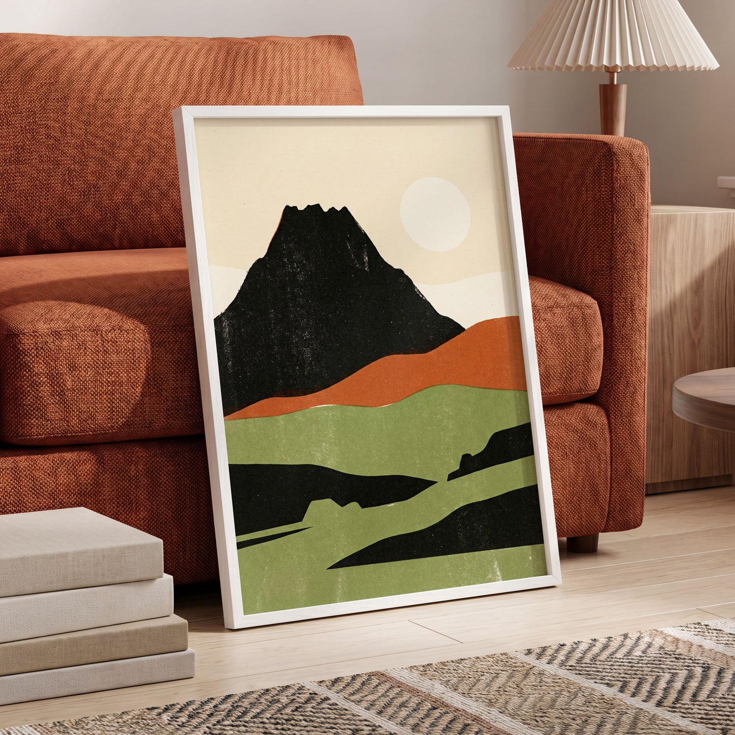 Still Mountain Sun, black, green, beige nature wall art displayed in a styled interior, gallery view 6