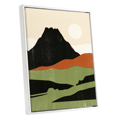 Still Mountain Sun, black, green, beige nature wall art shown as a white framed canvas wall art