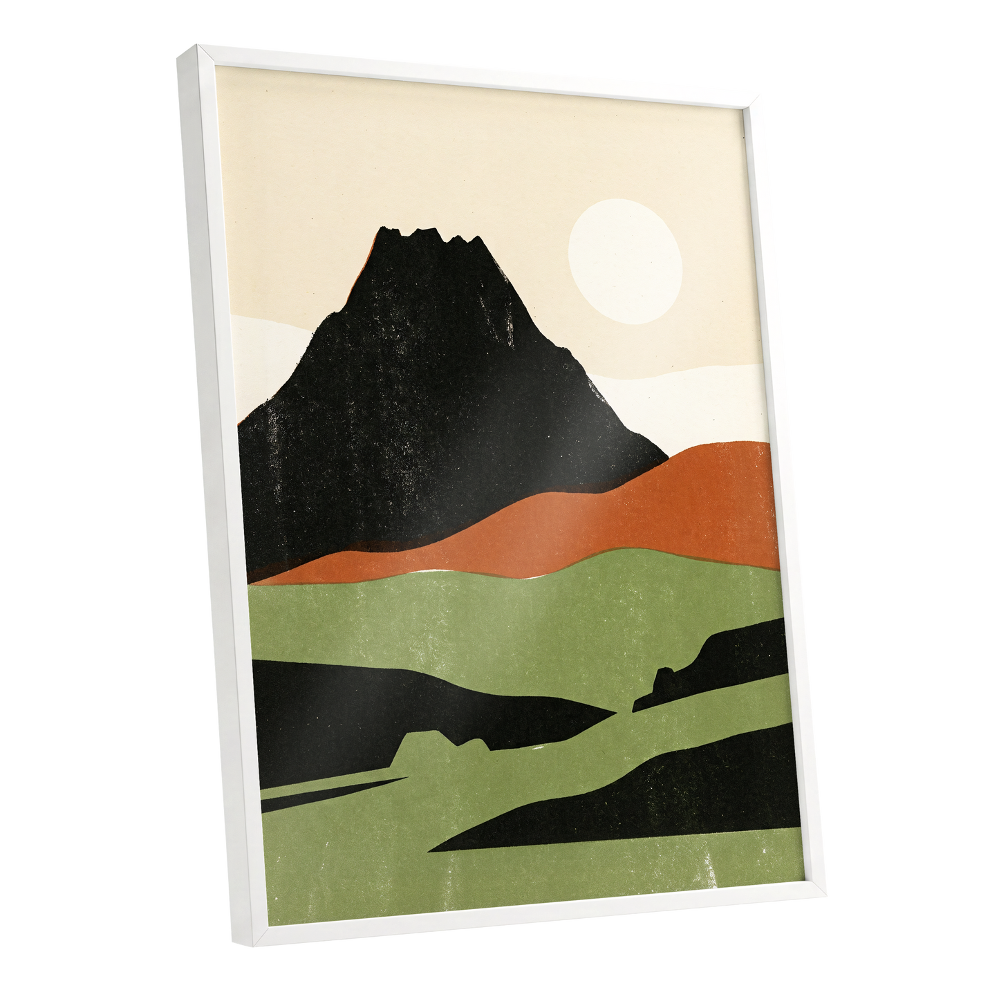 Still Mountain Sun, black, green, beige nature wall art shown as a white framed poster wall art print
