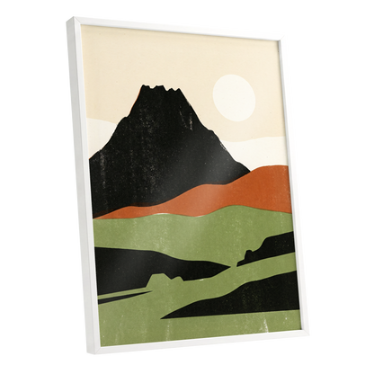 Still Mountain Sun, black, green, beige nature wall art shown as a white framed poster wall art print