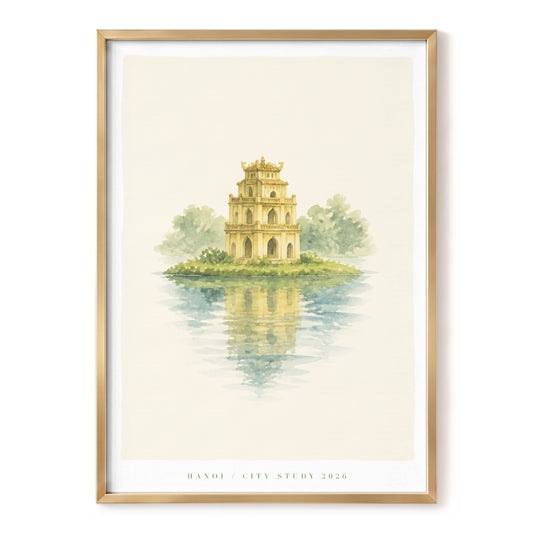 Still Waters of Hanoi, beige, green, blue minimalist wall art, front artwork view