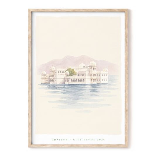 Still Waters of Udaipur, beige, blue, pink minimalist wall art, front artwork view
