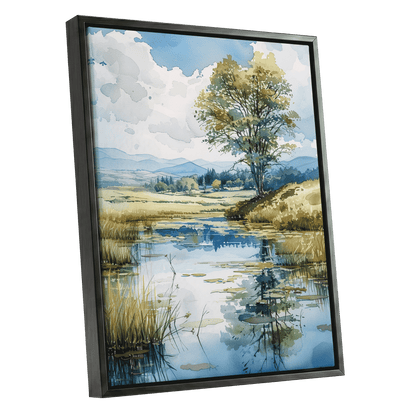 Still Waters, Open Skies, blue, green, beige nature wall art shown as a black framed canvas wall art