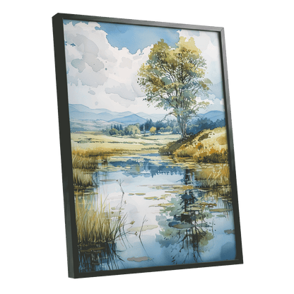 Still Waters, Open Skies, blue, green, beige nature wall art shown as a black framed poster wall art print