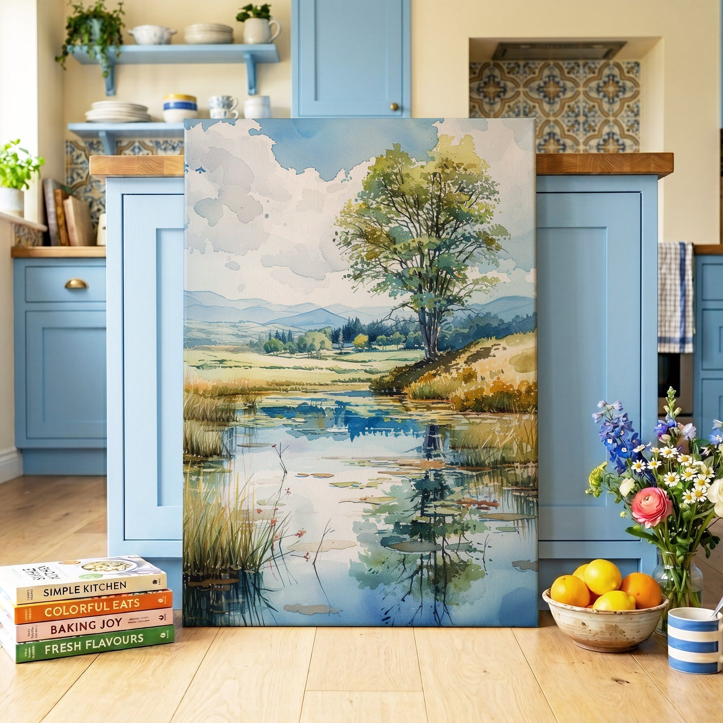 Still Waters, Open Skies, blue, green, beige nature wall art on canvas displayed in a styled interior, gallery view 1