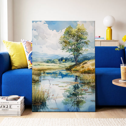 Still Waters, Open Skies, blue, green, beige nature wall art on canvas displayed in a styled interior, gallery view 2