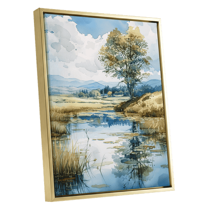 Still Waters, Open Skies, blue, green, beige nature wall art shown as a gold framed canvas wall art