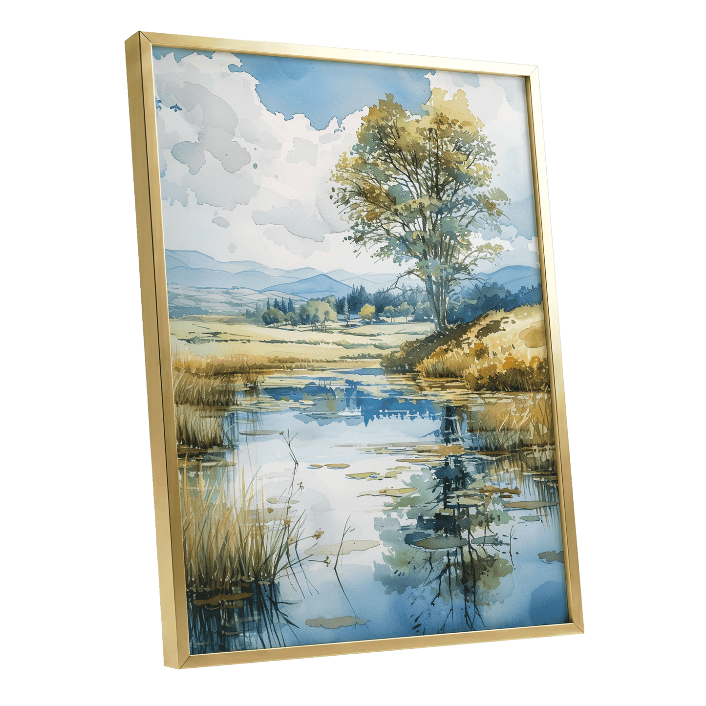 Still Waters, Open Skies, blue, green, beige nature wall art shown as a gold framed poster wall art print