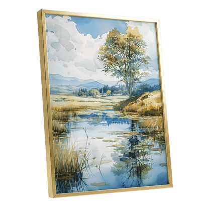 Still Waters, Open Skies, blue, green, beige nature wall art shown as a gold framed poster wall art print