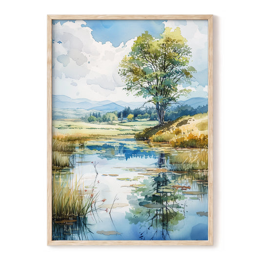 Still Waters, Open Skies, blue, green, beige nature wall art, front artwork view