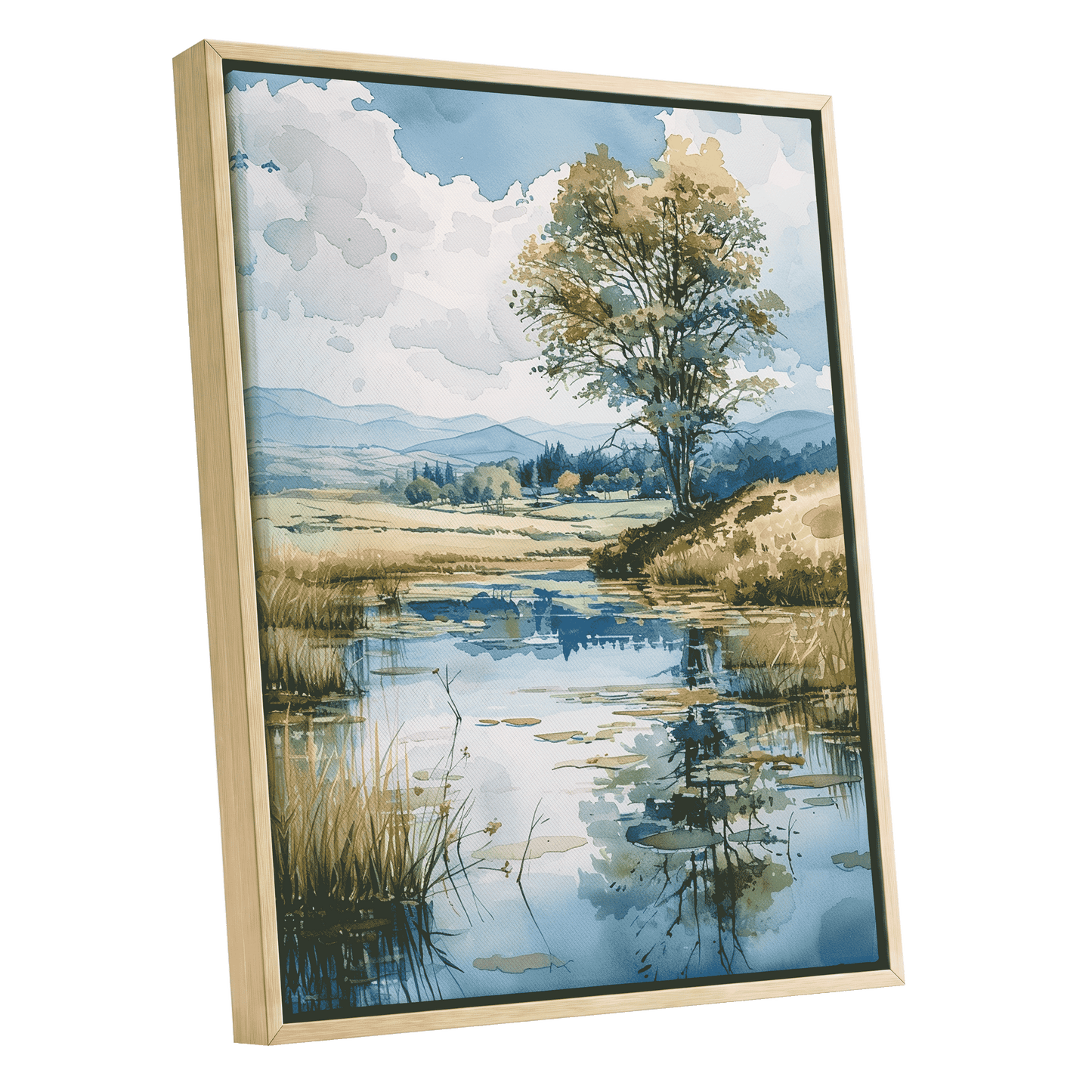 Still Waters, Open Skies, blue, green, beige nature wall art shown as a oak framed canvas wall art