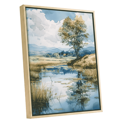 Still Waters, Open Skies, blue, green, beige nature wall art shown as a oak framed canvas wall art