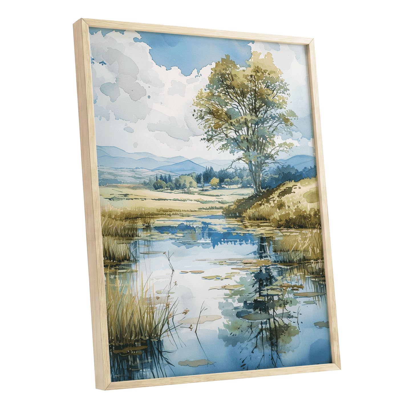 Still Waters, Open Skies, blue, green, beige nature wall art shown as a oak framed poster wall art print