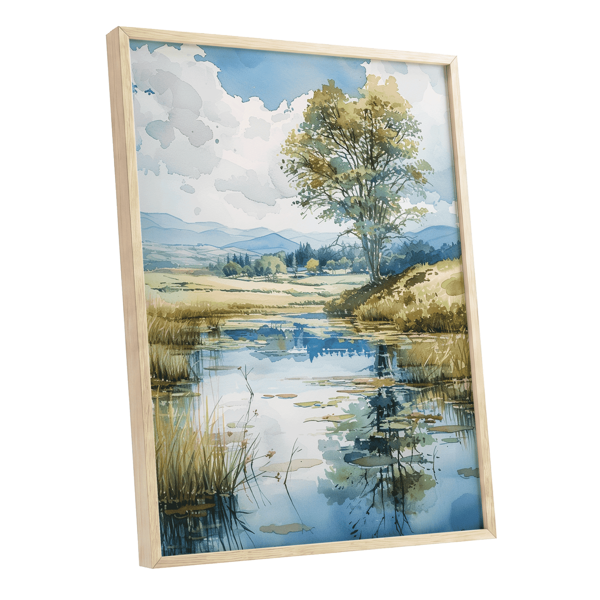 Still Waters, Open Skies, blue, green, beige nature wall art shown as a oak framed poster wall art print