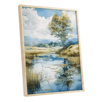 Still Waters, Open Skies, blue, green, beige nature wall art shown as a oak framed poster wall art print