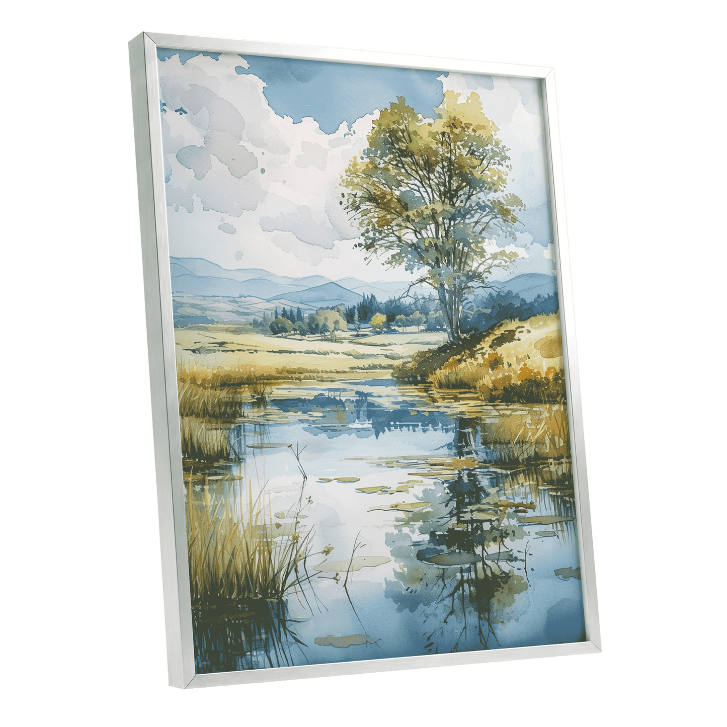 Still Waters, Open Skies, blue, green, beige nature wall art shown as a silver framed poster wall art print
