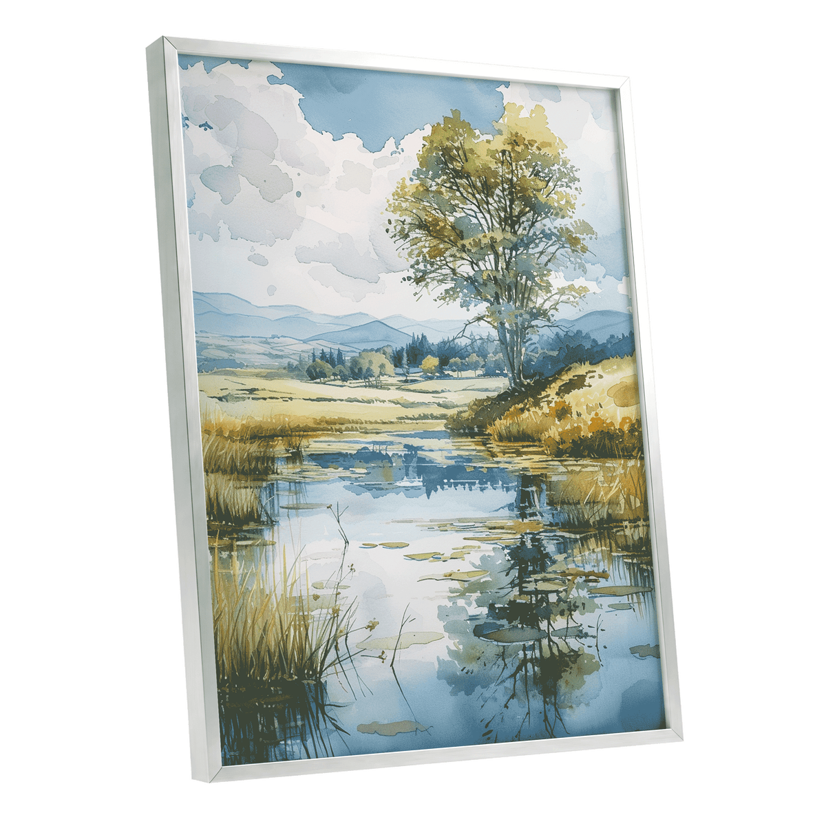 Still Waters, Open Skies, blue, green, beige nature wall art shown as a silver framed poster wall art print