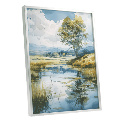 Still Waters, Open Skies, blue, green, beige nature wall art shown as a silver framed poster wall art print