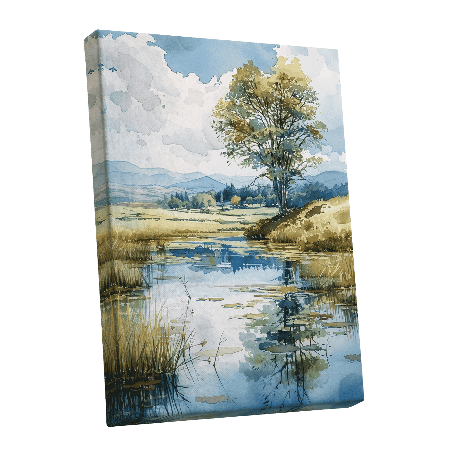 Still Waters, Open Skies, blue, green, beige nature wall art shown as a stretched canvas wall art