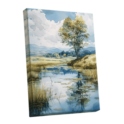 Still Waters, Open Skies, blue, green, beige nature wall art shown as a stretched canvas wall art