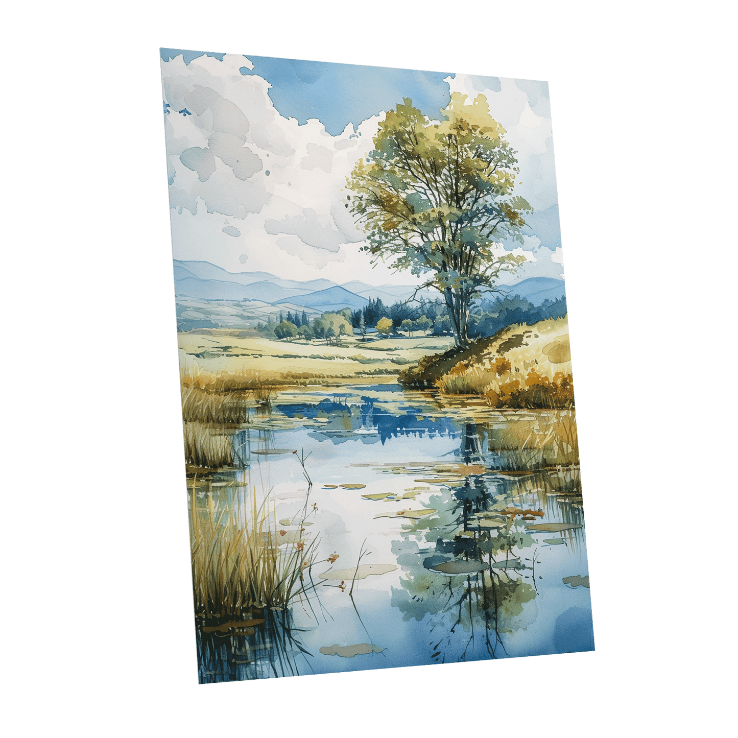 Still Waters, Open Skies, blue, green, beige nature wall art shown as a unframed poster wall art print
