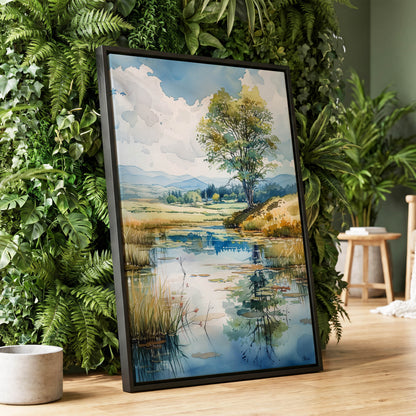 Still Waters, Open Skies, blue, green, beige nature wall art displayed in a styled interior, gallery view 1