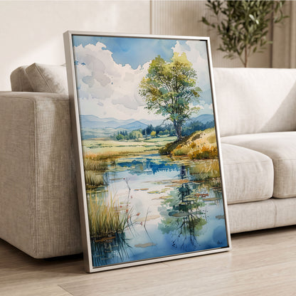 Still Waters, Open Skies, blue, green, beige nature wall art displayed in a styled interior, gallery view 2